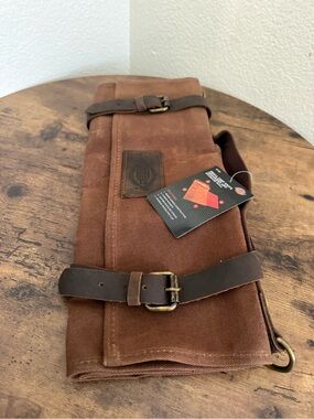 Dickies Brown Canvas Roll-Up Chef Knife Organizer and Storage Roll Leather Strap